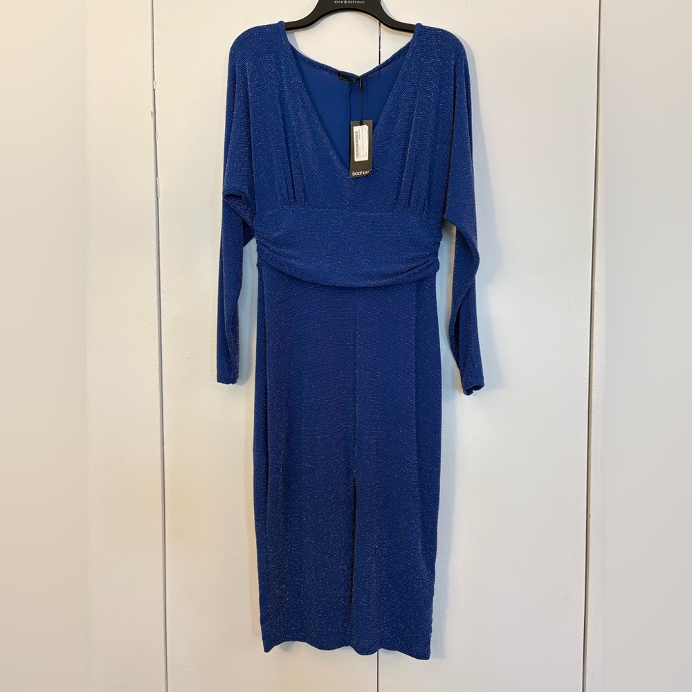 Boohoo blue and silver sparkle long sleeve bodycon midi dress size 10 NEW NWT